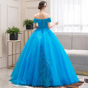 Blue Tulle Off Shoulder Stage Performance Dress Women Lake Blue Long Gown Art Exam Evening Wear Puff Skirt - Product Image 4