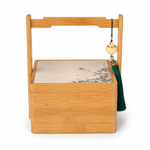 <b>Bamboo</b> Double Layer Pastry Box Rectangle Mooncake Gift Packaging Wooden Food <b>Container</b> With Handle And Tassel - Product Image 1