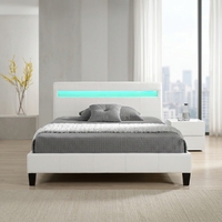 Luxuriöses Doppelbett mit Polsterung, Minimalistisches Schlafzimmerbett, Maßgefertigtes PU-Lederbett mit LED-Beleuchtung und Matratzenaufbewahrung