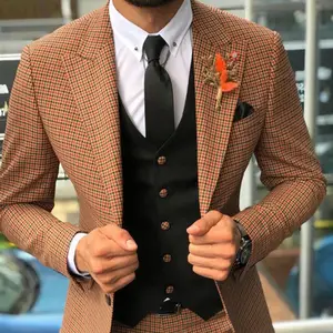 Slim Fit Tweed Wool Business Plaid Dogtooth Jacquard Design Wedding Groom 3 Piece Suits Set For Men
