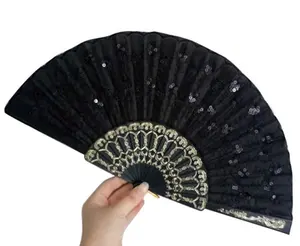 Hot Beautiful Lady's Silk Hand Fan with Green Sequins