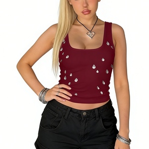 Top corto sin mangas con cuello cuadrado para mujer - Top ajustado acanalado con adornos de gotas, estilo chaleco a la moda - Product Image 5