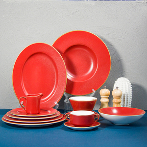 Retro Gold Rim Dinnerware Attractive Red Reactive Glaze <strong>Crockery</strong> Rustic Kitchen Tableware <strong>Christmas</strong> Plates Decorative Dinner <strong>Set</strong> - Product Image 6