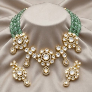 Traditional Green Stone Kundan 925 silver <b>Necklace</b> Set Gold Plated Bridal Jewelry with Earrings for Wedding Party Wear - Product Image 3