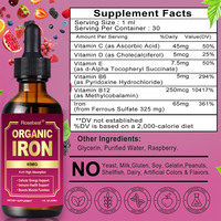 Complément alimentaire liquide de fer 6-en-1 végétalien et naturel de 65 mg à marque privée OEM avec vitamine B12 pour le soutien du sang et de l'énergie