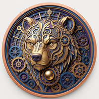 Porte-clés rond personnalisé en alliage de zinc plaqué antique, motif Tête d'Urse à cinq faces, pour présentation sur cheminée ou manteau de cheminée