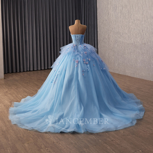 251123 Magnifiques robes de soirée bleues pour femmes, avec fleurs appliquées, style Sweetheart - Product Image 3