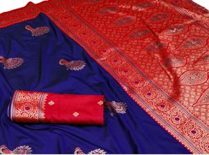 Royal Blue Silk Saree With <b>Red</b> Border And Peacock Embroidery Design Saree with <b>Blouse</b> Material For Wedding And Festival Wear - Product Image 4