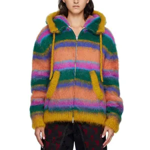 Personnalisé Femmes Hommes Y2k Rayé Couleur Bloc Épaule tombante Épais Chaud Mohair Hoodies Sweatshirts Pull Zip Up Mohair Hoodie