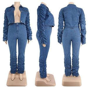 Otoño e Invierno Tallas grandes Ropa de mujer Abrigo de mezclilla de manga larga y conjunto de pantalones de dos piezas apilados - Product Image 4