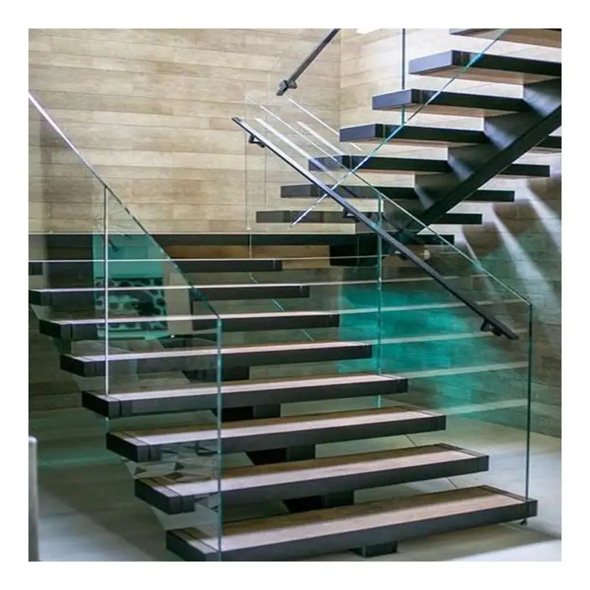 Floding stile di figura di U soffitta scale con open riser gradini in legno e vetro ringhiera delle scale
