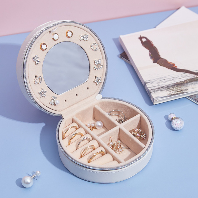 Round Compact Jewelry Storage Case With Mirror Double Layers Small Travel PU Leather Portable Box for Ring Necklace