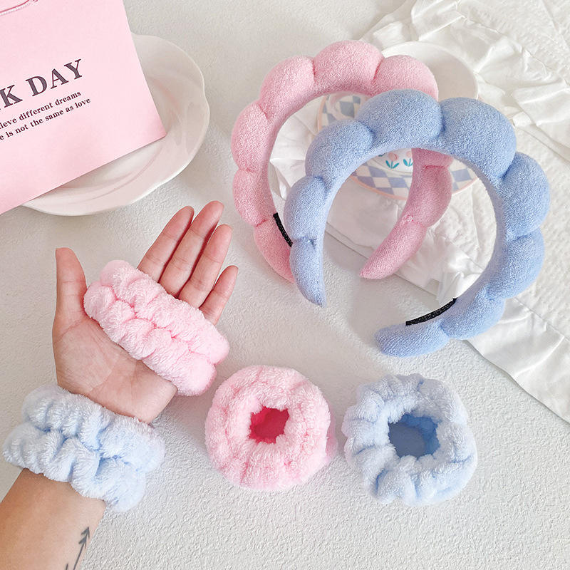 Custom Terry Towel Cloth Spa Wrist Washband Face Wash Set Puffy Sponge Makeup Elastic Hairband Non Slip Padded Soft Headband