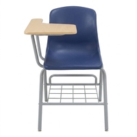 Chaise d'école avec tablette d'écriture intégrée sous le siège, porte-livres en treillis métallique, structure en acier gris, idéale pour bibliothèque, salle de lecture, bureau