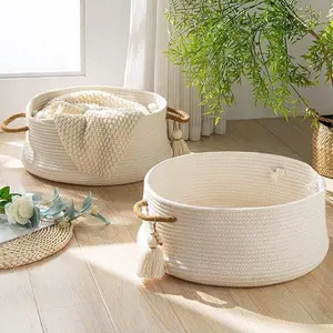 Wholesale Woven Baskets For Organizing Bedroom Wardrobe Baby Laundry Hamper Collapsible Organize Cloth Toy Chest Cotton Rope Ba