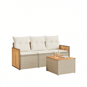Ensemble de canapé de jardin en rotin beige 3 places, mobilier d'extérieur avec structure en teck, résistant aux intempéries, design contemporain - Product Image 1