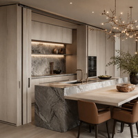 Ensemble de meubles de cuisine et salle à manger sur mesure pour projet de villa, table de salle à manger avec îlot en marbre, niche en laiton, quincaillerie antirouille