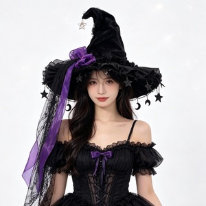 Sombrero de Bruja para Halloween, Gorro de Mago con Adornos de Estrellas de Encaje y Lazo Grande - Product Image 2