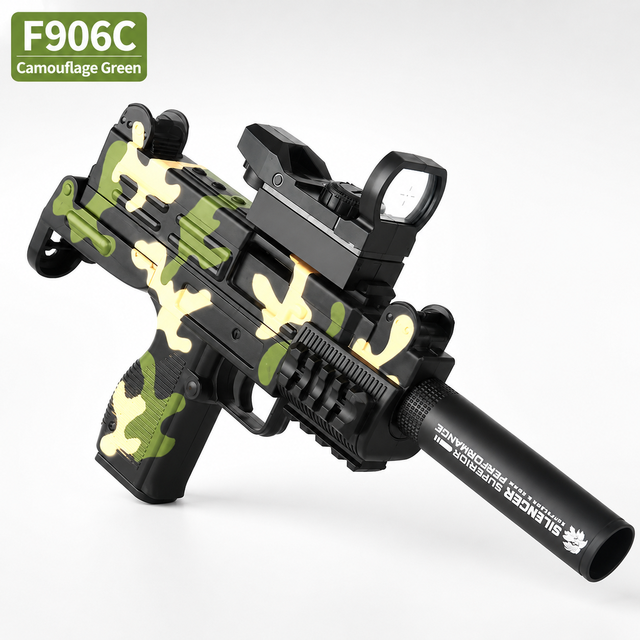 Wholesale UZI Soft Bullet Toy Gun Shell Ejecting Camo Body with Sight Silencer Magazine for Kids Outdoor Game