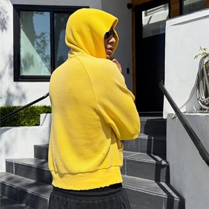 Heavyweight 400GSM Premium Waffle Knit Thermal Cotton <strong>Blank</strong> Cropped <strong>Boxy</strong> Fit Zip up <strong>Hoodies</strong> for Men - Product Image 2