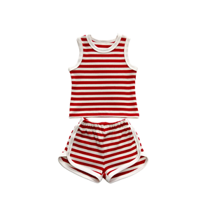 Nuove strisce di cialde ossessionate imposta su misura per bambini estivi senza maniche canotta e pantaloncini con bordi a blocchi di colore - Product Image 5