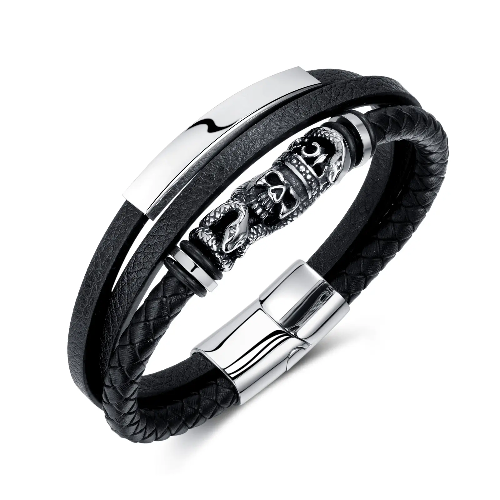 Jewelry factory wholesale Multilayer Hip hop Skull Magnetic Clasp men leather bracelet