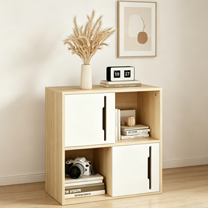 Mueble de Almacenamiento de Madera Natural <span class=keywords><strong>con</strong></span> Puerta Corredera, Organizador Moderno de 2 Niveles, Mueble de Panel Blanco para Sala de Estar, Dormitorio - Product Image 1