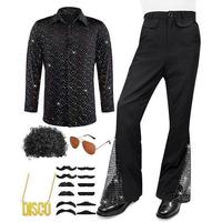 Nuevo Conjunto de Disfraz Disco de los 70 para Hombre - Camisa de Lentejuelas, Pantalones Acampanados con Peluca Afro, Bigote y Accesorios para Fiesta Disco Retro de Halloween