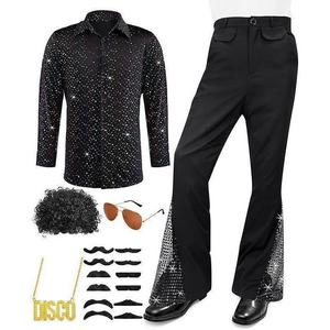 Nouvel ensemble de costume disco des années <span class=keywords><strong>70</strong></span> pour hommes - Chemise à paillettes, pantalon évasé avec <span class=keywords><strong>perruque</strong></span> afro, moustache et accessoires pour fête disco rétro d'Halloween - Product Image 2