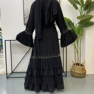 1828# Muslim Women Favorite Dark Black Abaya Kimono Beading Pearls Cake Bottom Mesh Design Black Cardigan Abayas Modest Clothing - Product Image 6
