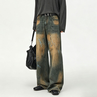 Nouveau jean large à dégradé brun foncé et bleu clair, effet éclaboussures de peinture, peint à la main, effet vieilli, coupe ample, longueur au sol en denim