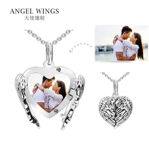 Valentine Day Gift 925 Sterling Silver Custom Personalized Angel Wings Open Heart Shape Photo Frame Locket Pendant DIY Charms