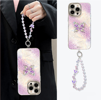 Coque de téléphone portable en acrylique avec motif coquillage et papillon violet pailleté pour iPhone 12 13 14 15 16 17 Pro Max