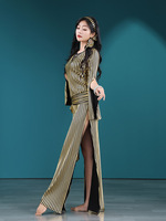 Robe de danse orientale Baladi Saidi pour femmes - Galabeya noire à rayures dorées et manches évasées, costume de danse orientale pour la performance et la pratique
