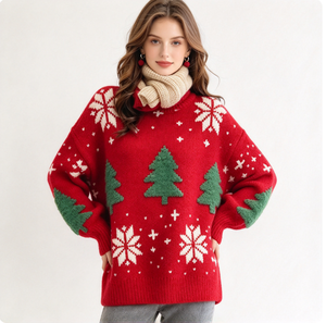 Hot <strong>Sale</strong> Fashion <strong>Women</strong> <strong>Christmas</strong> Sweater, Snowflake Tree Jacquard Turtleneck Loose Knit <strong>Jumper</strong>, Holiday Party Wear OEM Custom - Product Image 1