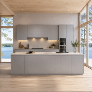 Mobili da Cucina Moderni Minimalisti Grigio Chiaro, Set Modulare con Isola in Pietra e Parete Intera di Armadietti - Product Image 5