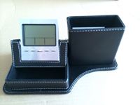 Porte-stylo calendrier en cuir noir fantaisie, porte-cartes de visite, porte-bloc-notes, fonctions d'affichage de l'heure et de la température, utilisation au bureau/à l'école