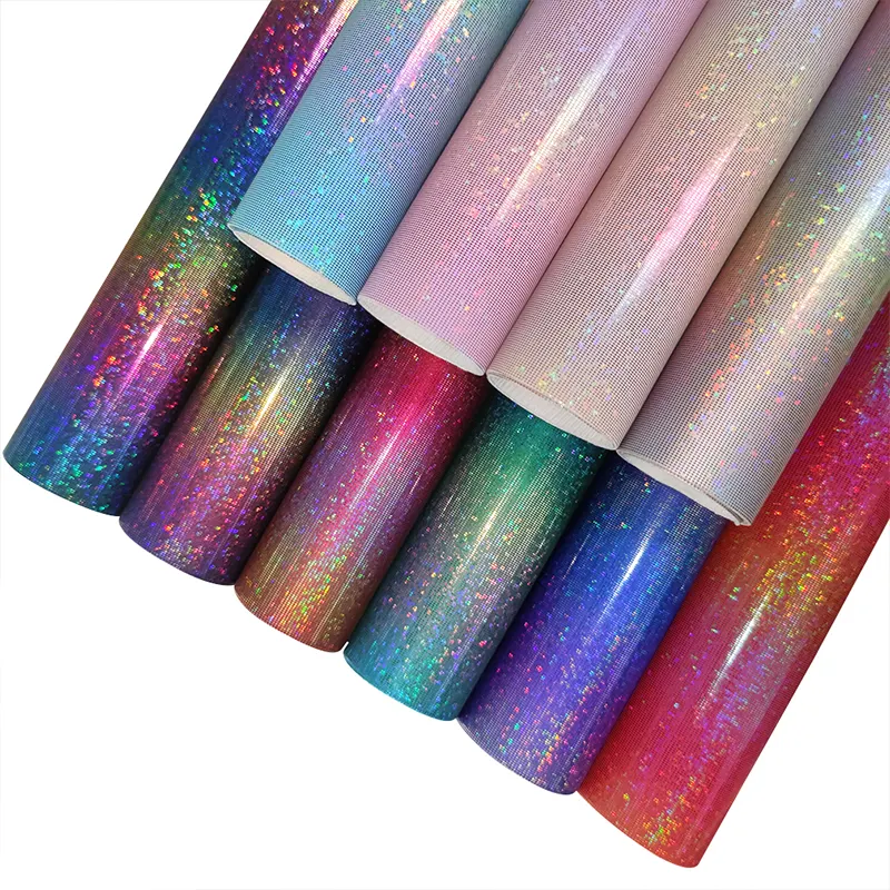 30x135cm虹色の幾何学的なプリントフェイクレザー生地ホログラフィックレインボータイニーチェック柄パターン合成PU縫製工芸品用