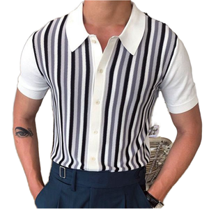Polo d'été décontracté à manches courtes <span class=keywords><strong>et</strong></span> coupe ajustée pour homme Chemise en tricot délavé à rayures noires <span class=keywords><strong>et</strong></span> blanches - Product Image 1