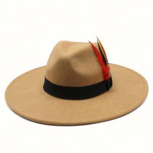 Sombrero Clásico de Ala Ancha de Fieltro para Exteriores, Sombreros Fedora para Mujer al por Mayor 2022 con Cinturón de Plumas - Product Image 2
