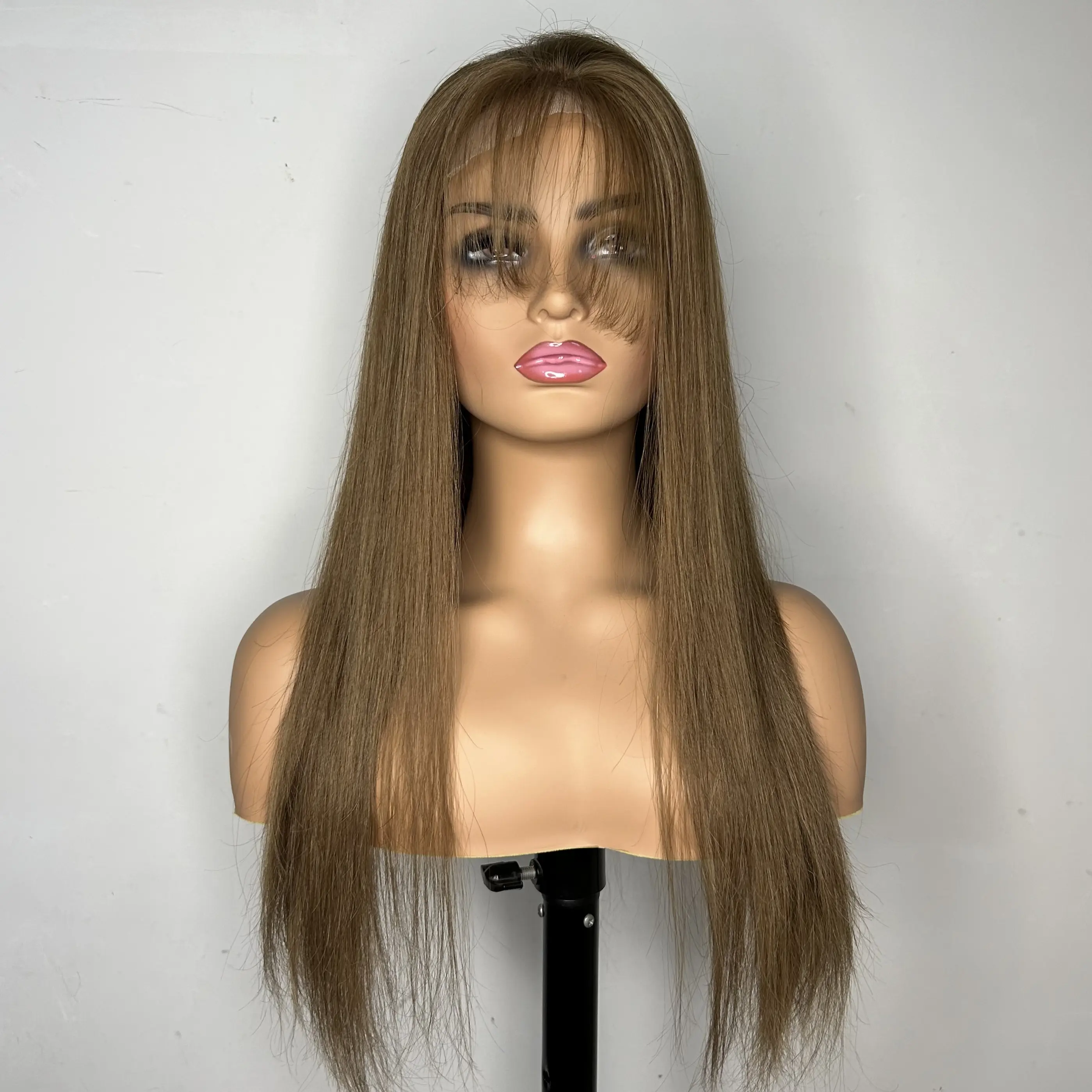 Top Quality Remy Brown Color Long Straight Cabelo Humano Silk Top Lace Perucas Com Cabelo Bangs Pré Arrastado Linha De Cabelo Para A Mulher Beleza