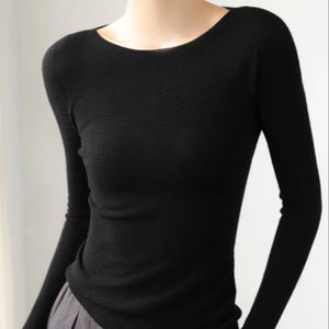 Suéter de lana sin costuras directo de fábrica suéter de fondo en capas de cuello redondo ajustado para mujer - Product Image 1