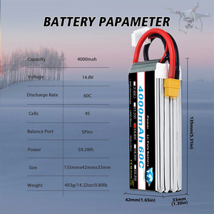 סוללת ליתיום-פולימר אוניברסלית 14.8V 4S 4000mAh 60C עם מחבר XT60 למכוניות מרוץ RC, משאיות, סירות ורחפנים מקצועיים 503040 - Product Image 2