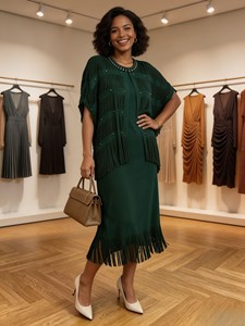 Abito plissettato <span class=keywords><strong>taglie</strong></span> forti per donne curvy, set 2 pezzi con frange e perle, maniche a pipistrello, elegante abito midi bianco formale - Product Image 4