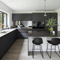 Vermonhouzz Armoire de cuisine moderne minimaliste gris foncé de qualité supérieure, armoire de cuisine résidentielle sur mesure, grand îlot de cuisine