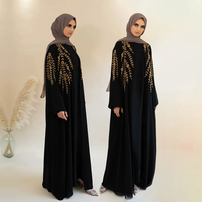 Hồi giáo màu đen đính cườm sang trọng mở abaya bán buôn cổ điển màu đen tôn tạo abaya với tương phản vàng hoa và lá