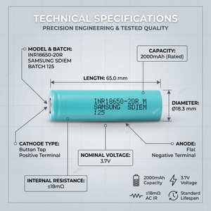 Batería Recargable de Iones de Litio <span class=keywords><strong>Samsung</strong></span> INR18650-20R de 2000mAh, Celda Cilíndrica NMC de 3.7V para Herramientas Eléctricas Profesionales - Product Image 1