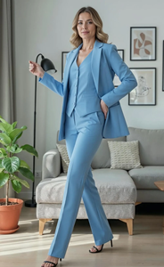 Women’s Sky Blue Three Piece Pant Suit Elegant Tailored Blazer Vest and Trousers <b>Set</b> Premium Formal <b>Office</b> Wear Business Suit - Product Image 5