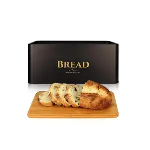 Bread Box For Kitchen Countertop Black Metal Bread Container With Bamboo Lid Chopping Board large Black Bread Holder