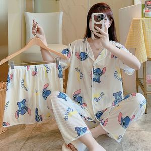 <b>Women's</b> Pajamas Three-piece Sleepwear Set Summer Thin Short-sleeved Shorts and <b>Trousers</b> Lady Cartoon Printed Cardigan Nightwear - Product Image 1